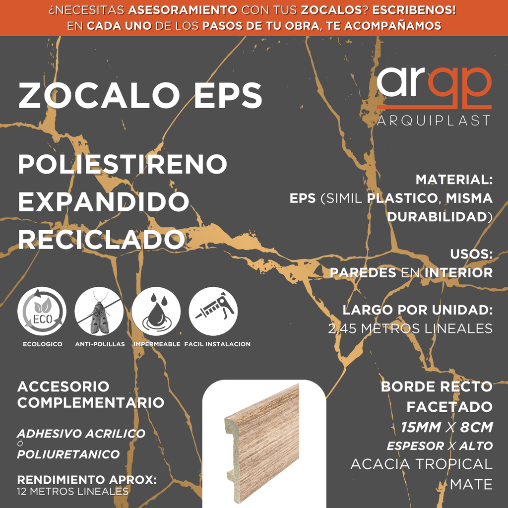 ZOCALO EPS PLASTICO ACACIA TROPICAL FACETADO 8CM - 15x80x2,45mts