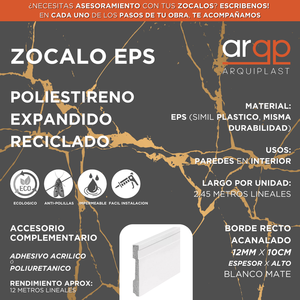 ZOCALO EPS PLASTICO BLANCO ACANALADO 10CM - 12x100x2,45mts