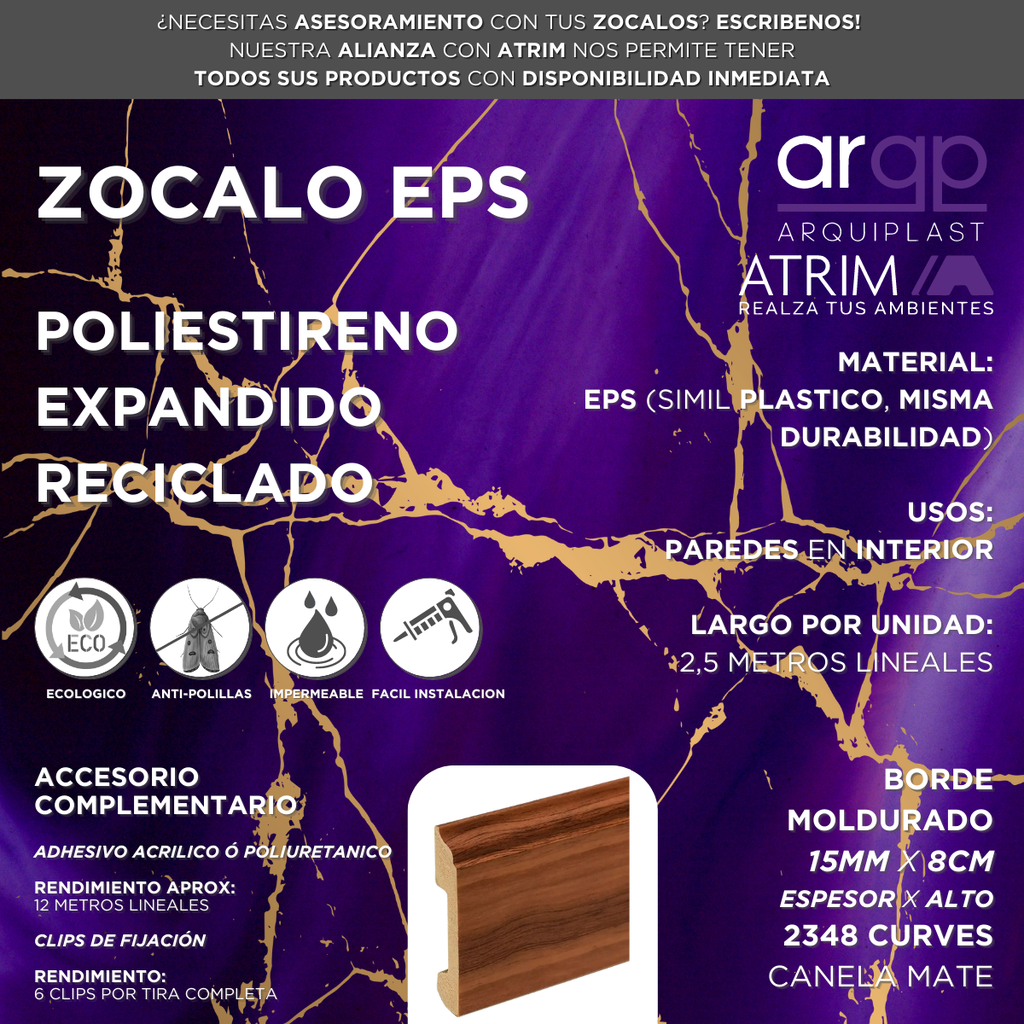 ZOCALO ATRIM CURVES 2348 EPS PLASTICO CANELA 8CM - 15x80x2,5mts