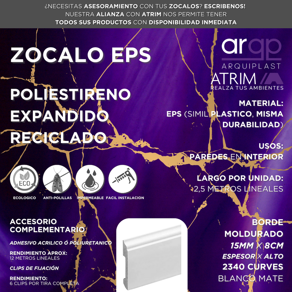 ZOCALO ATRIM CURVES 2340 EPS PLASTICO BLANCO 8CM - 15x80x2,5mts