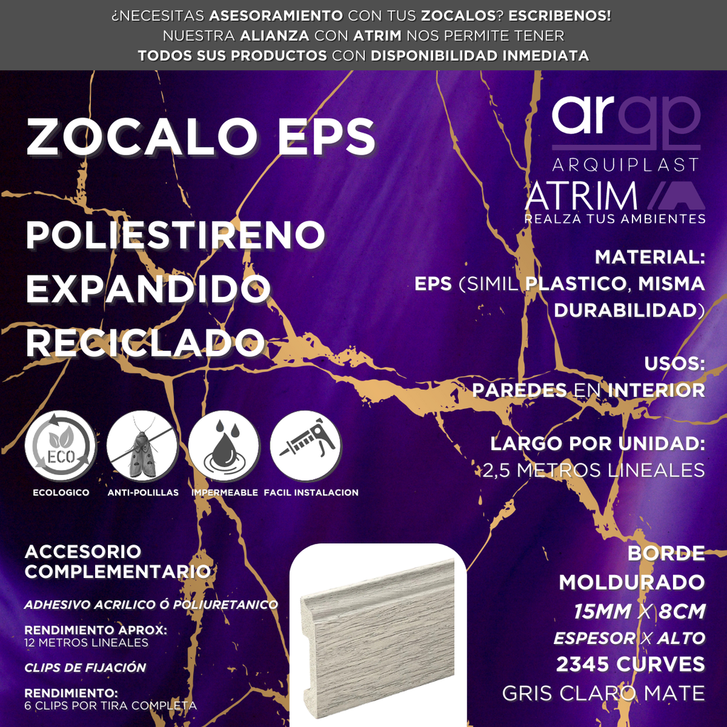 ZOCALO ATRIM CURVES 2345 EPS PLASTICO GRIS CLARO 8CM - 15x80x2,5mts
