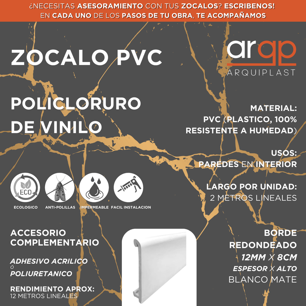 ZOCALO ARQUIFLEX ARQ80 PVC PLASTICO BLANCO 8CM - 12x80x2mts