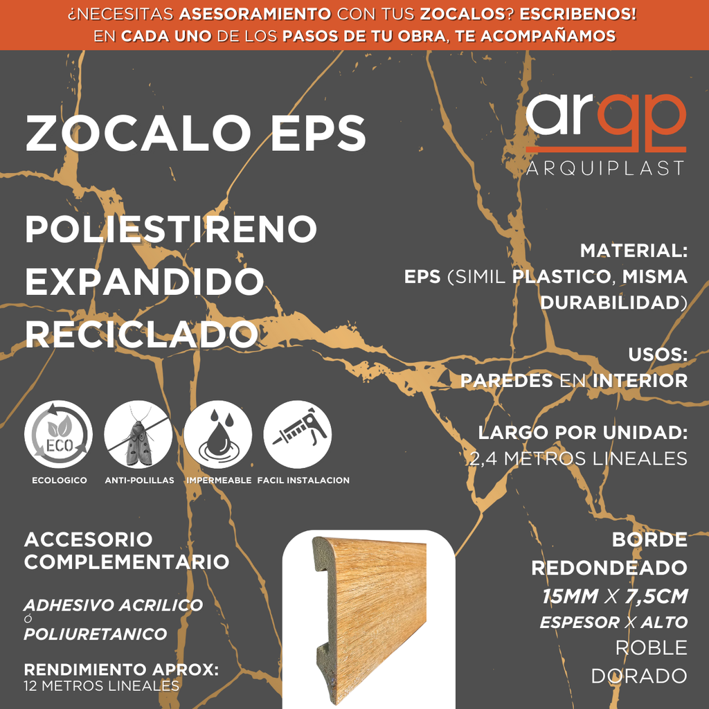 ZOCALO TOP ROUND 75 EPS PLASTICO ROBLE DORADO 7,5CM - 15x75x2,4mts