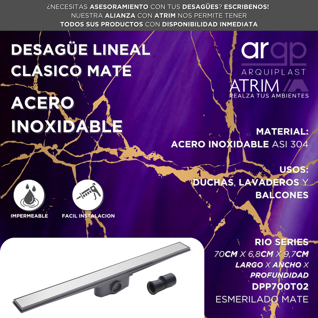 DESAGÜE LINEAL ATRIM RIO ONDA MATE DPP700T02 - 70CM - ACERO INOXIDABLE MATE - 28"