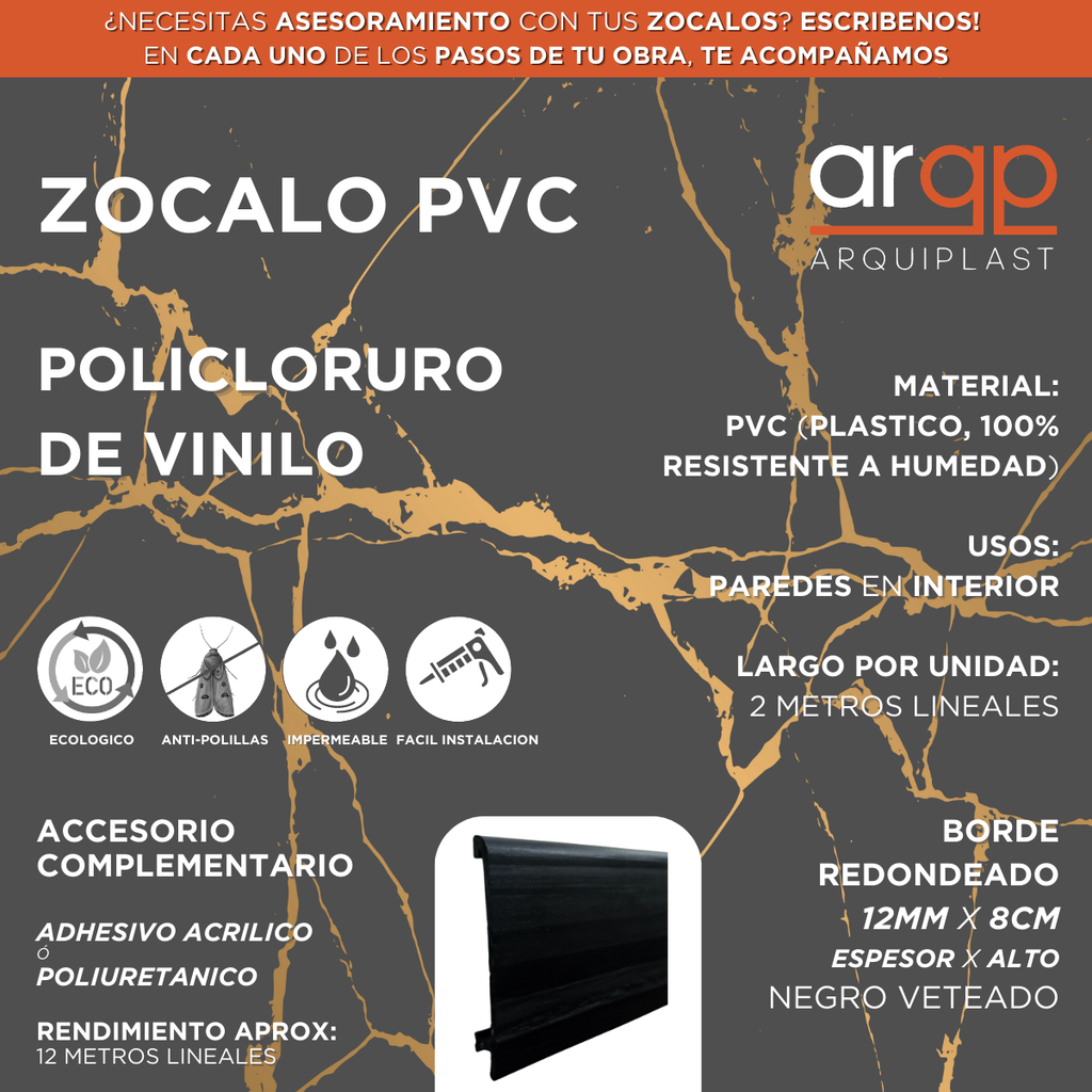 ZOCALO ARQUIFLEX ARQ80NEG PVC PLASTICO NEGRO TEXTURADO 8CM - 12x80x2mts