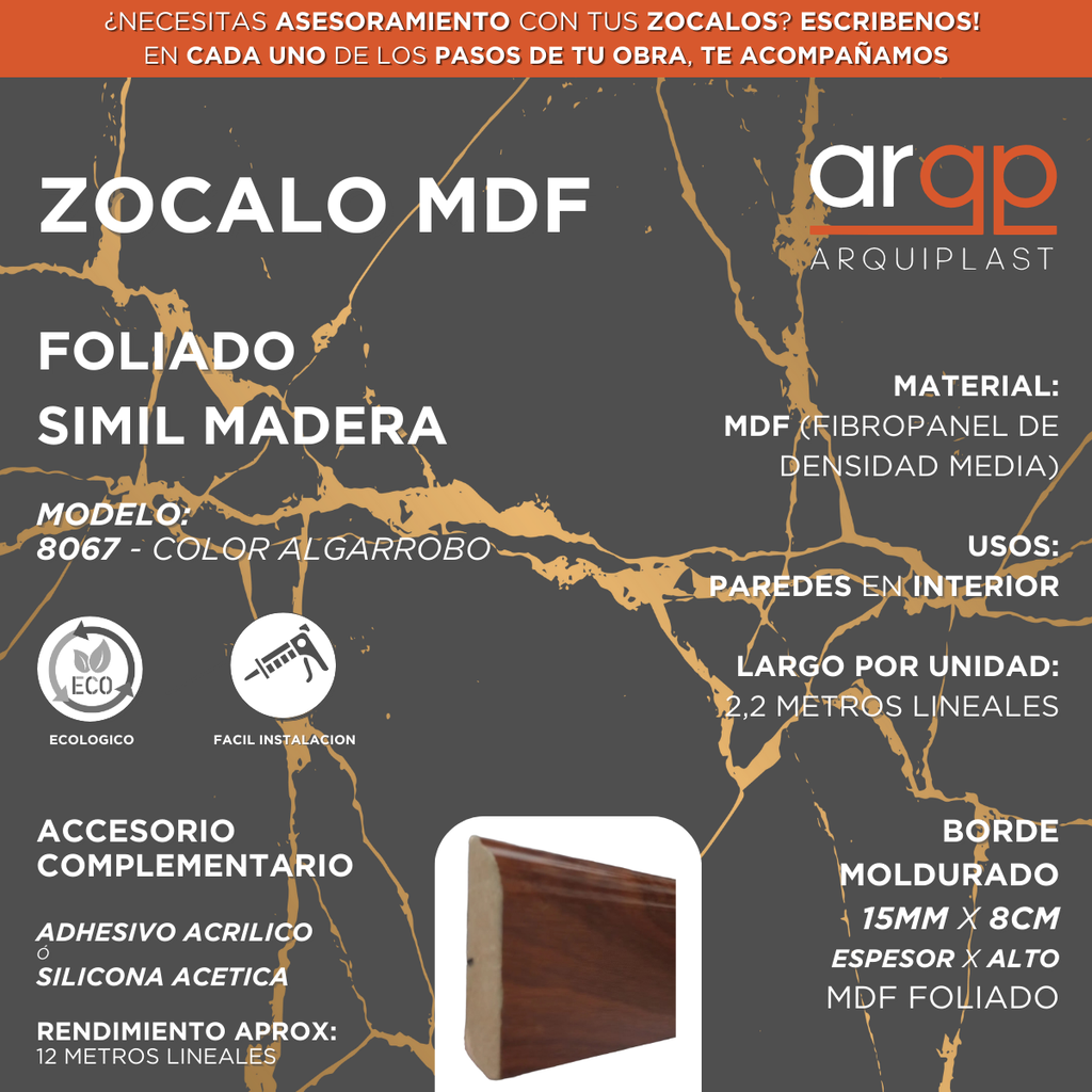 ZOCALO 8067 MDF FOLIADO ALGAROBO 8CM - 15x80x2,4mts