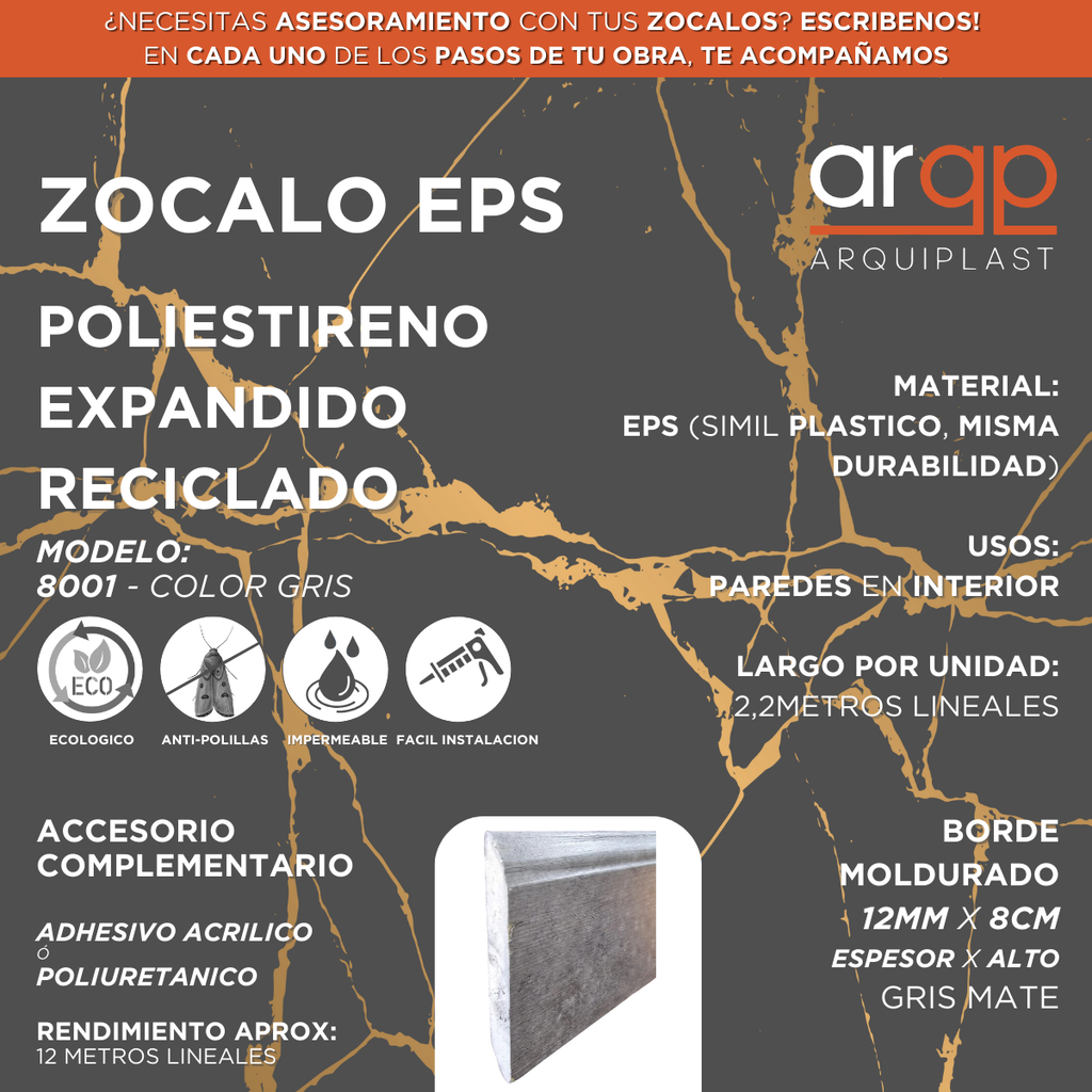 ZOCALO 8001 MOLDURADO EPS PLASTICO GRIS 8CM - 12x80x2,4mts