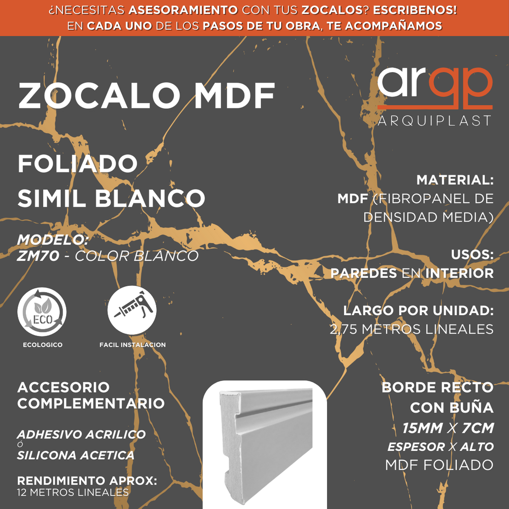 ZOCALO ZM-70 MDF FOLIADO CON BUÑA BLANCO 7CM - 15x70x2,75mts