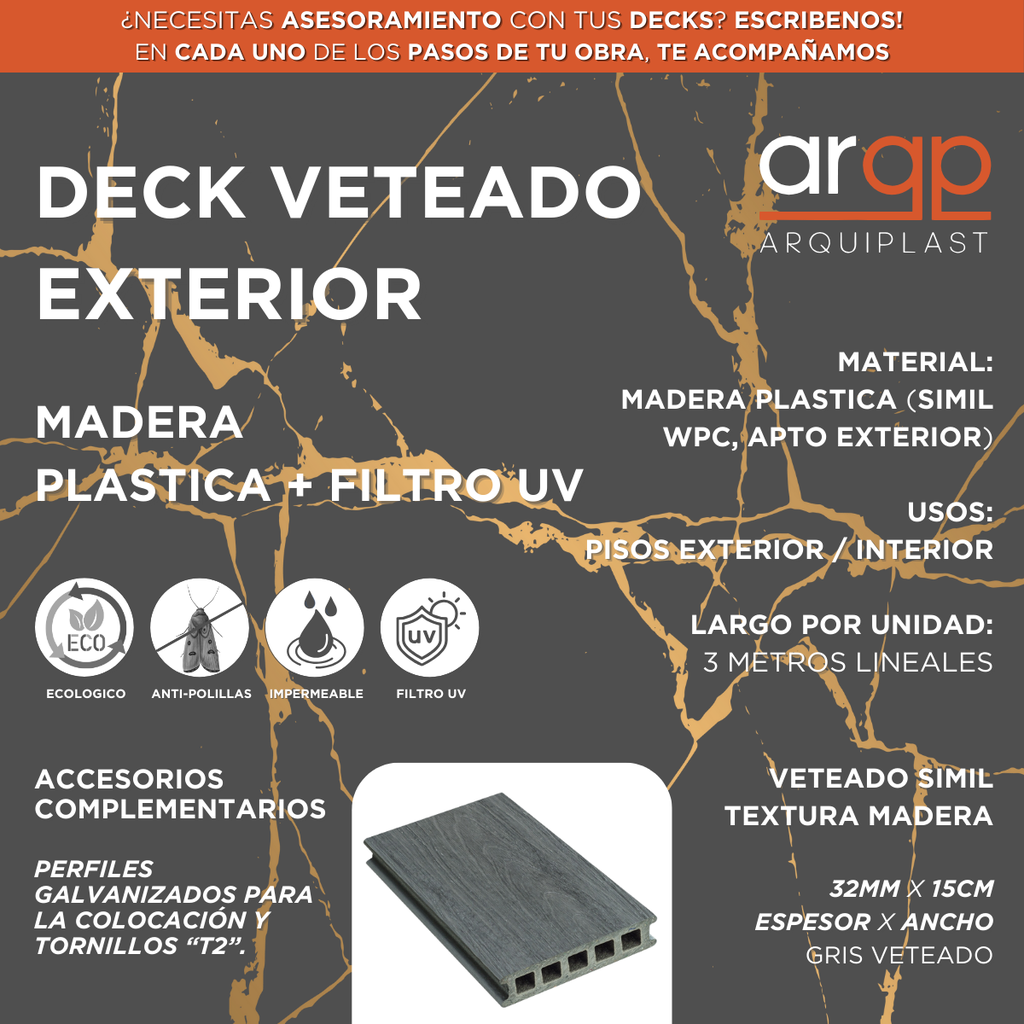 DECK VETEADO EXTERIOR 32x150x3000MM GRIS CONCRETO
