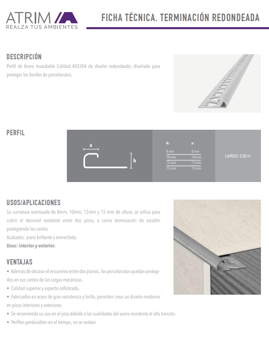 1612ESM ACERO INOX. TERM. REDOND. 12x12mm x 2,50m ESMERIL.