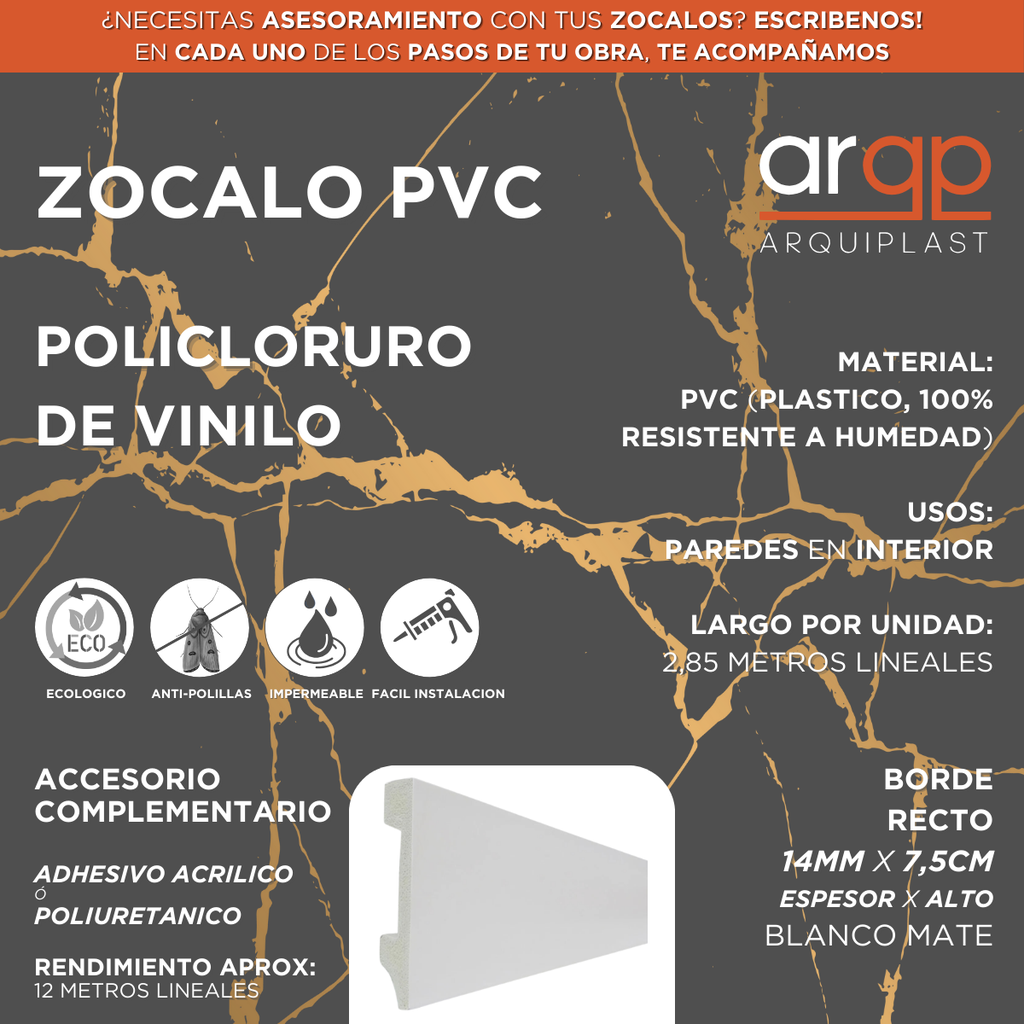 Zocalo PVC LINE 75 RECTO 14x75mm Tira 2.85m (Caja 27u)